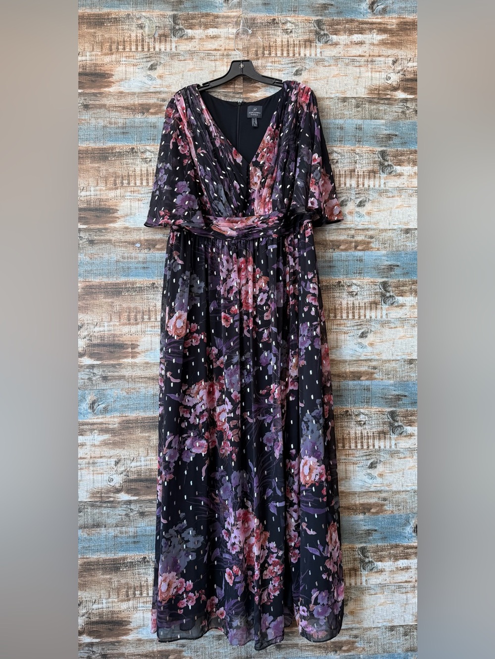 Adrianna Papell Floral Maxi Dress with V-Neck and Waist Tie - Black/Purple  14W